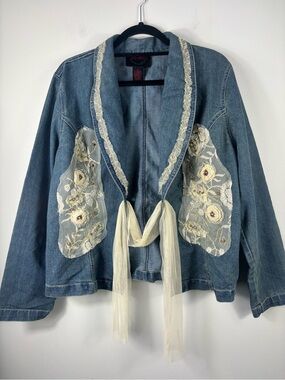 Ashro Jean Denim Fantasy Jacket Shabby Chic Ivory Lace and Tulle Appliqués